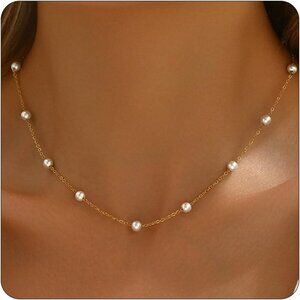 Jewigo 18K Gold Plated Pearl Necklace Women Dainty Choker Pendant Wedding Gift